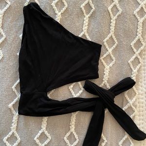 Black One Shoulder Tie Crop Top